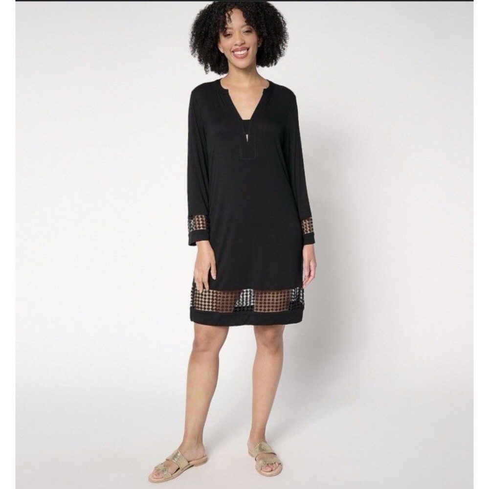 Susan Graver Soleil Printed Dress with Lace Trim Black Sz 3X